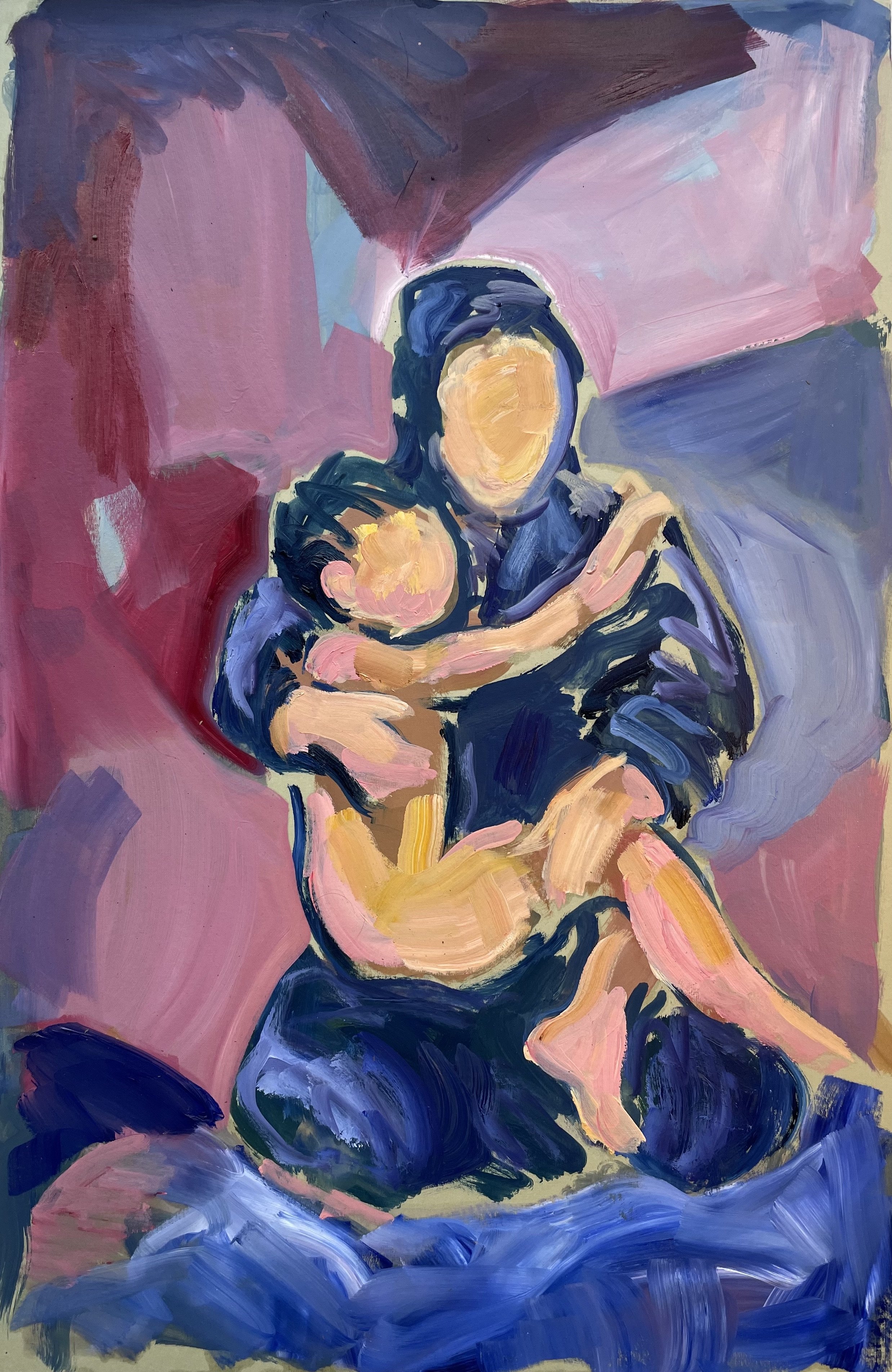 Mother and child, blue and red, oil on card, 51x34cm