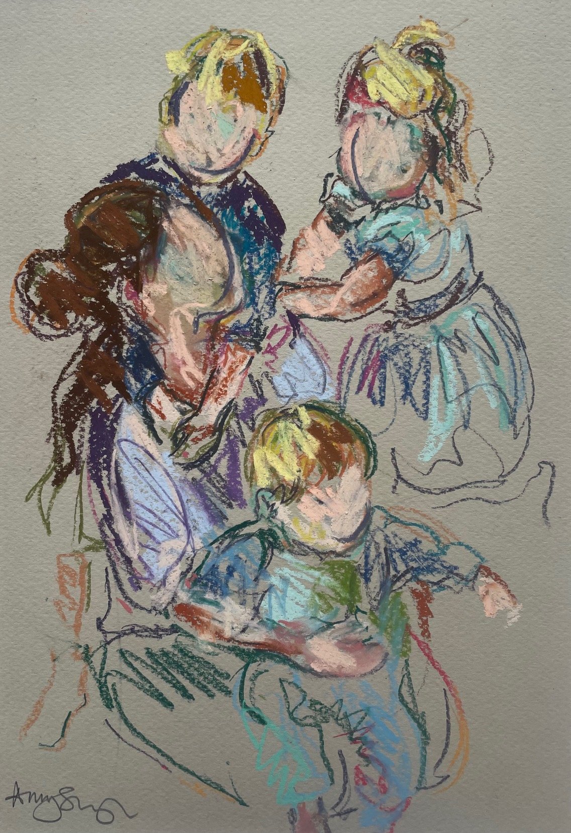 Mother and three, pastel on paper, 30x20cm £200 unframed