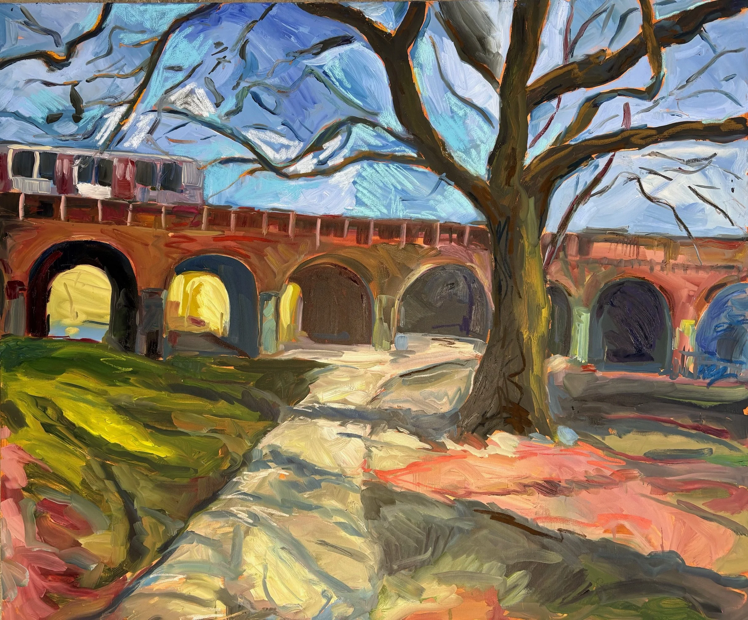 Train into town, oil and pastel on canvas, 100x120cm, £1695