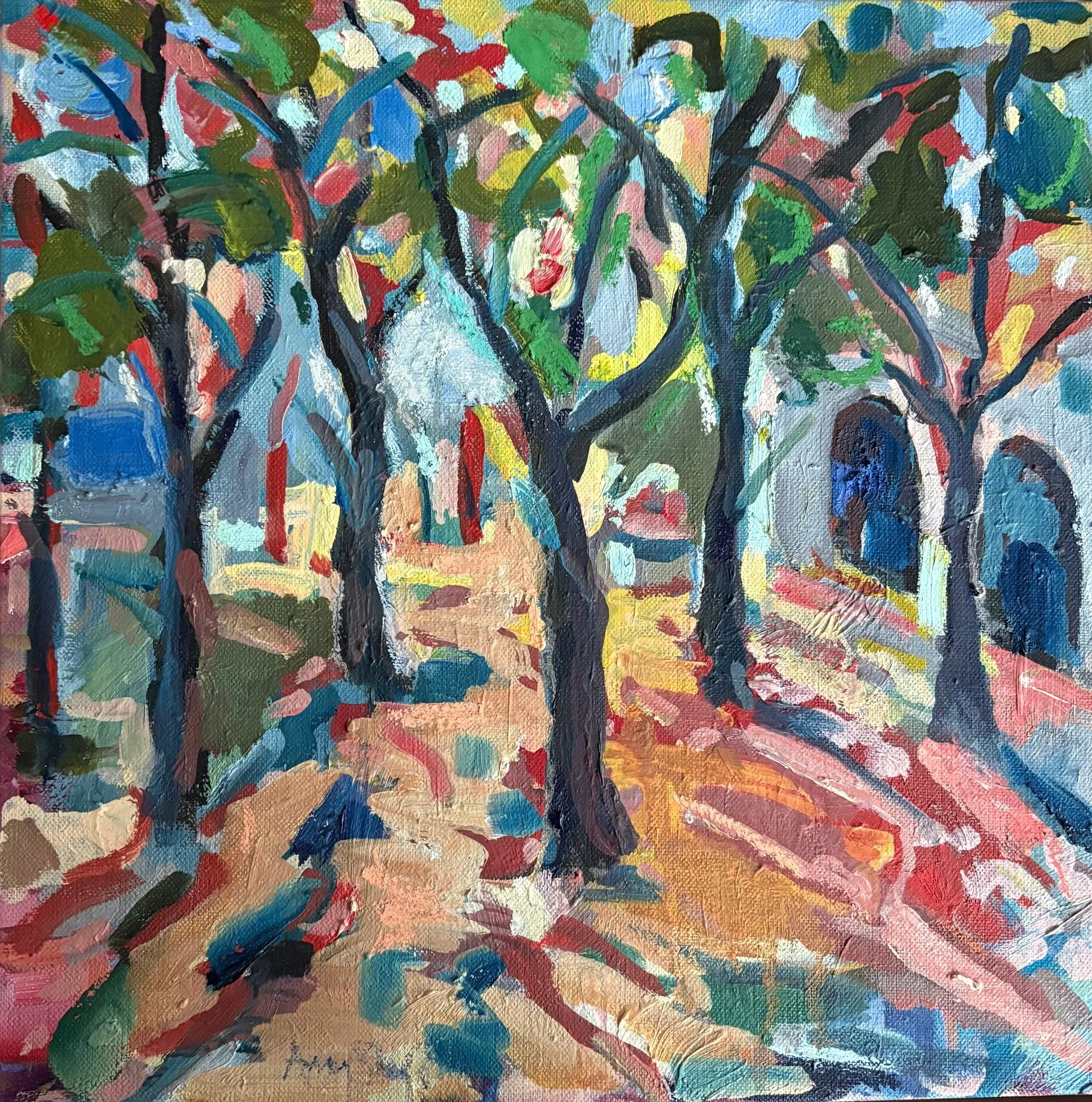 To the cafe, grey day, oil and pastel on board, 30x30cm £420 SOLD