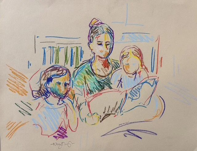 Story in bed, pastel pencil on paper, 30x40cm, £250, unframed