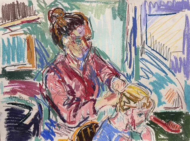 Doing her hair, pastel and pencil on paper, 30x40cm, £350 unframed