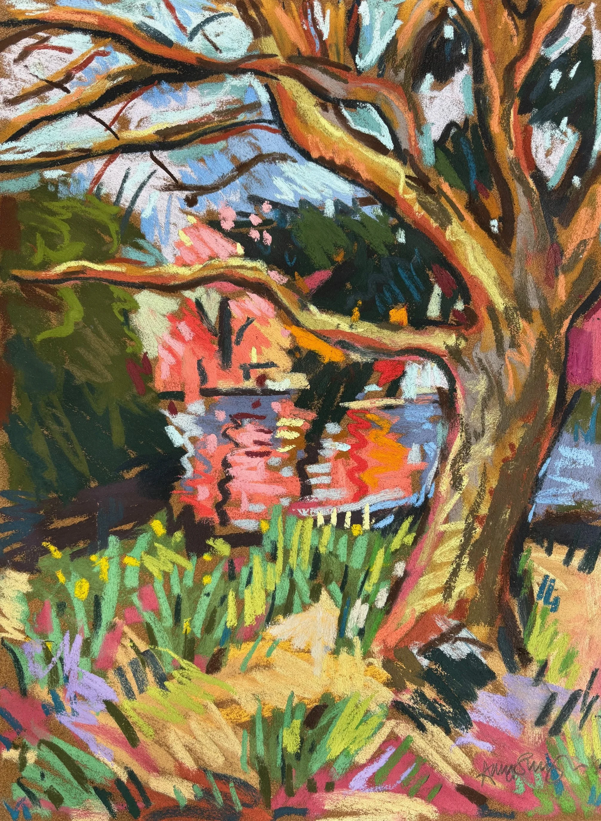 Pink blossom across the pond, 40x30cm, £500 framed