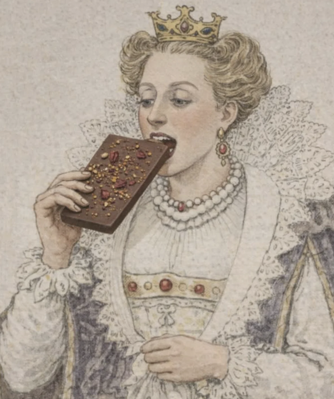 A cheeky image of a queen eating a chocolate bar