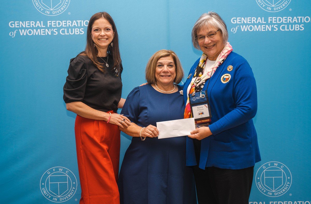 GFWC Wisconsin President Nancy Dickman with President Deb Strahanowski and Ddirector of Junior Clubs Katie Moydell presenting Wisconsin Gift to GFWC.jpg