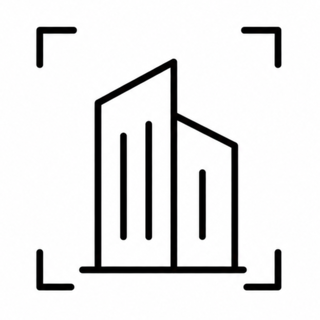 Minimalist line drawing of two modern buildings, framed by camera focus brackets.
