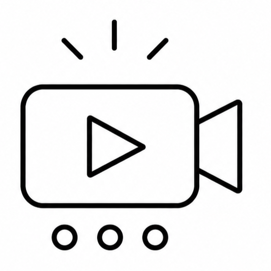 Icon of a video camera with a play button in the center and three small circles below, indicating media recording or playback.