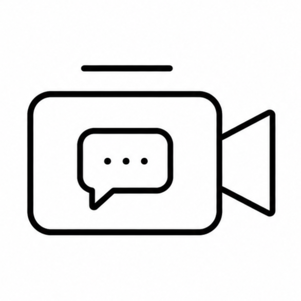 Icon of a video camera with a speech bubble on its screen.