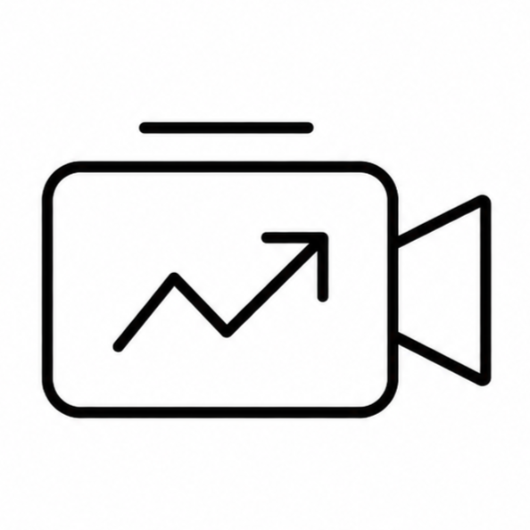 Icon of a video camera with an upward trending arrow on the screen, representing video growth or analytics.