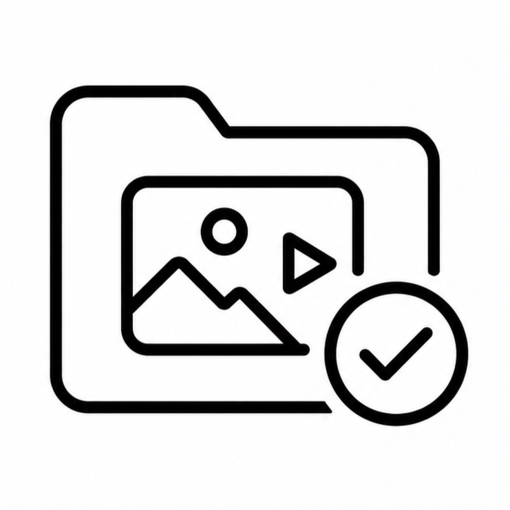 Outline icon of a folder containing a picture with a mountain and sun, and a play button, with a checkmark in a circle overlapping the bottom right of the folder.