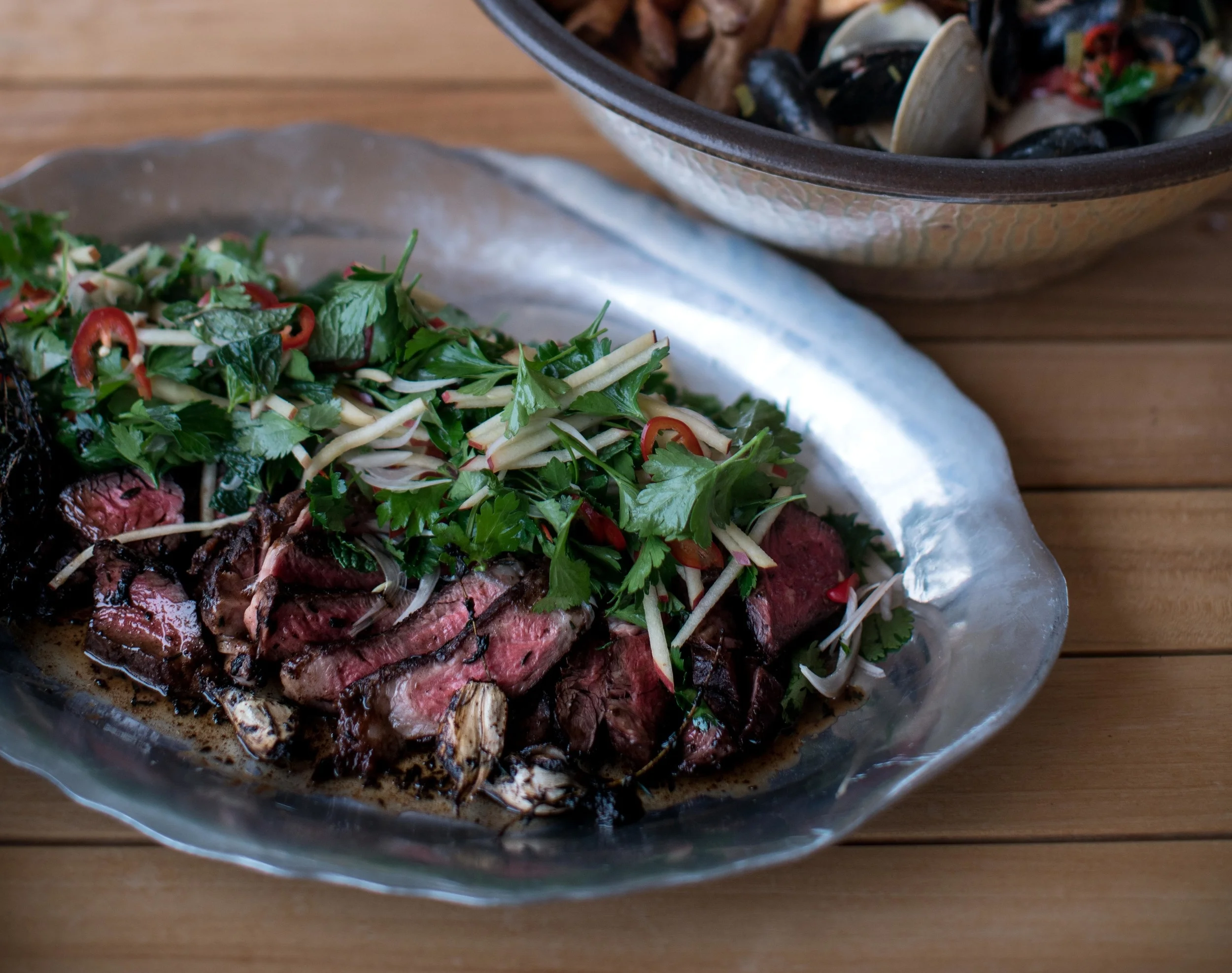 Roasted Hanger Steak with Herb, Apple and Pickled Chile Sald