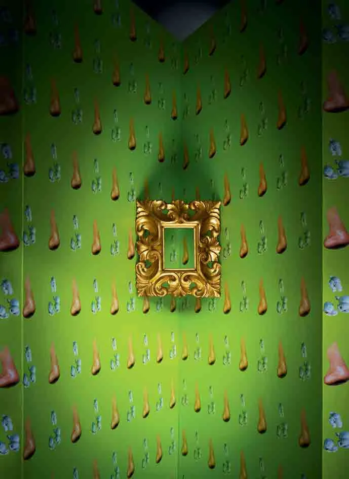 ‘Nose/Popcorn – Yellow/Green’ wallpaper by John Baldessari with 17th-century Italian pierced lobate leaf and volute motif frame, from Gill & Lagodich Gallery. 