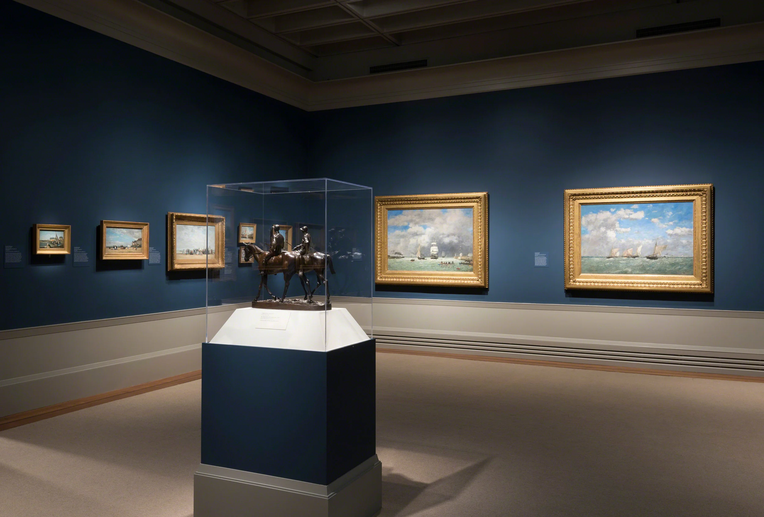 "In fact, this reproduction frame is part of an ongoing project to reframe all of the works in the Mellon French Galleries in authentic period frames. The vast majority of these frames are originals—and fine antiques in their own right—however, there is one other replica . . . but a very impressive one! Made to match the grand period salon frame, circa 1870, on one of the two Boudin seascapes in the first gallery, the reproduction is a dead ringer for the original. Can you tell which is which? I can’t!" —Mitchell Merling, Paul Mellon Curator and Head of the Department of European Art VMFA Gallery views above: Nineteenth and Twentieth Century Painting and Sculpture in France — The Collection of Mr. and Mrs. Paul Mellon . Gallery installation, February 2015. VMFA Photo Archives, Virginia Museum of Fine Arts, Richmond. Photo: David Stover.