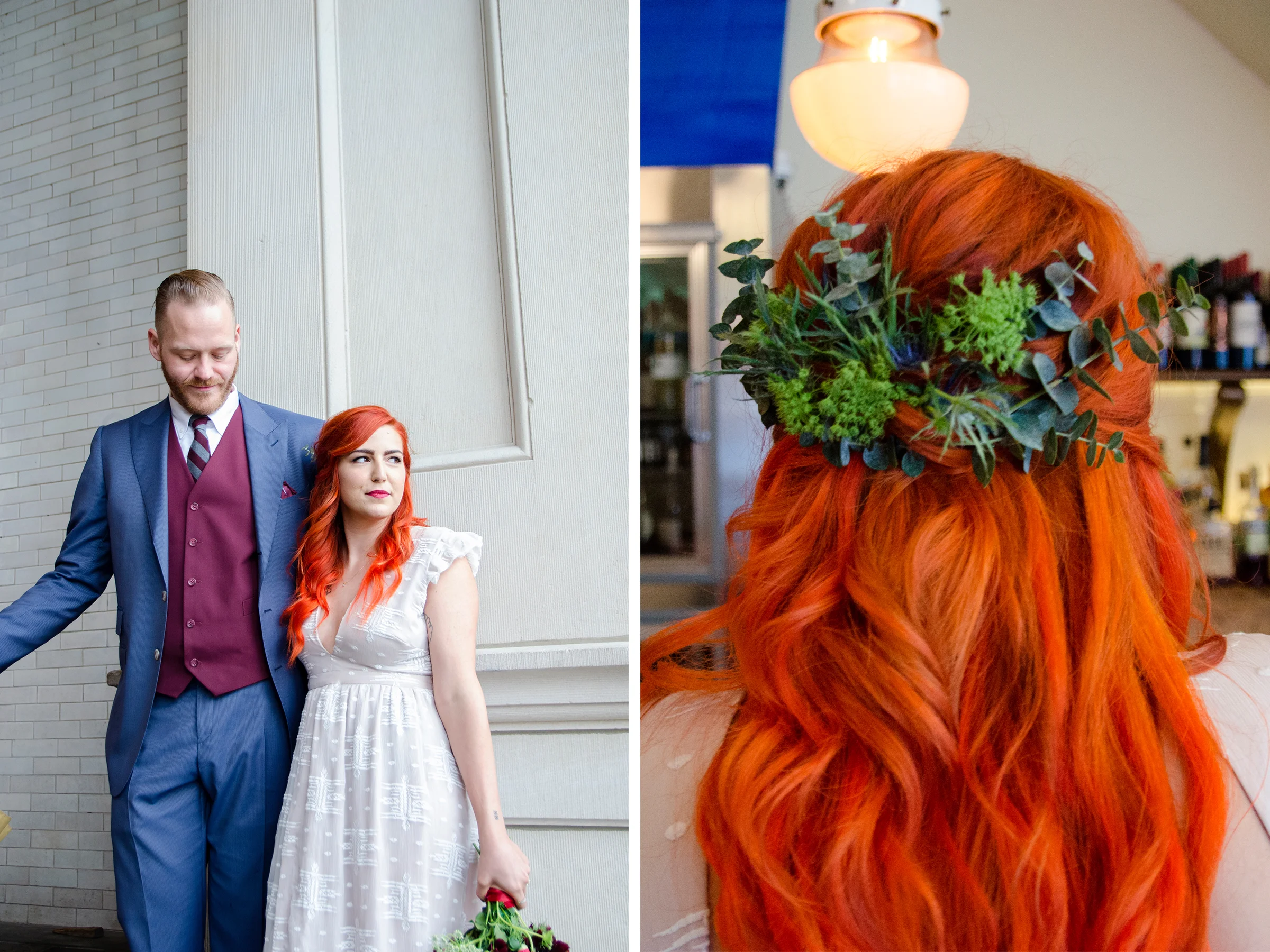 Hair stylist Kristina Maccaro pulled Kate's firey red hair back into a soft half up half down style and used extra leaves from Kate's DIY bridal bouquet to add an earthy and nature inspired pop of fun. Hair by: Kristina Maccaro