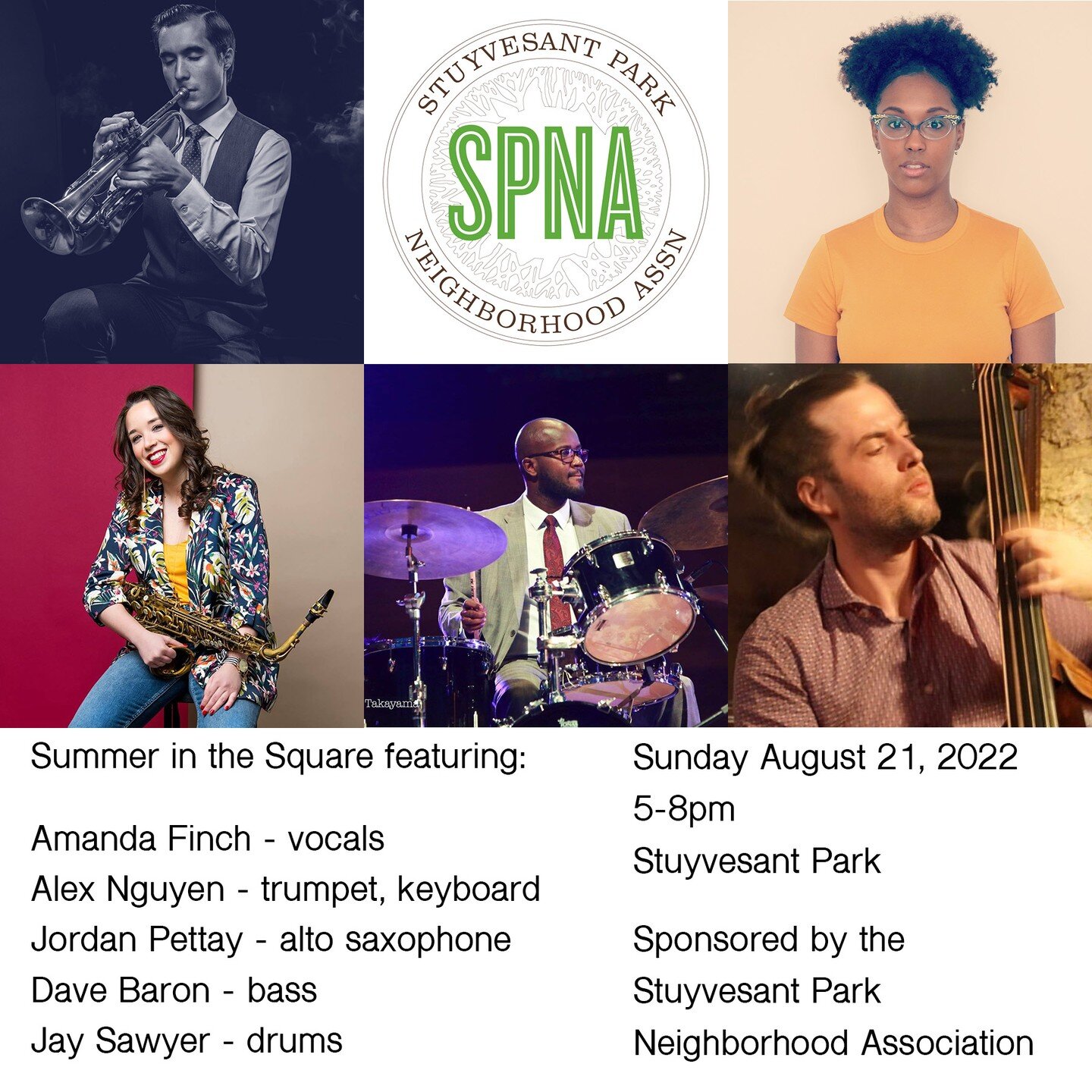 Join us Sunday 8.21 from 5-8pm in Stuyvesant Park, sponsored by @spna_nyc ! Featuring @finchy4life @jordanpettay @davebaronmusic @jsawyerdrums