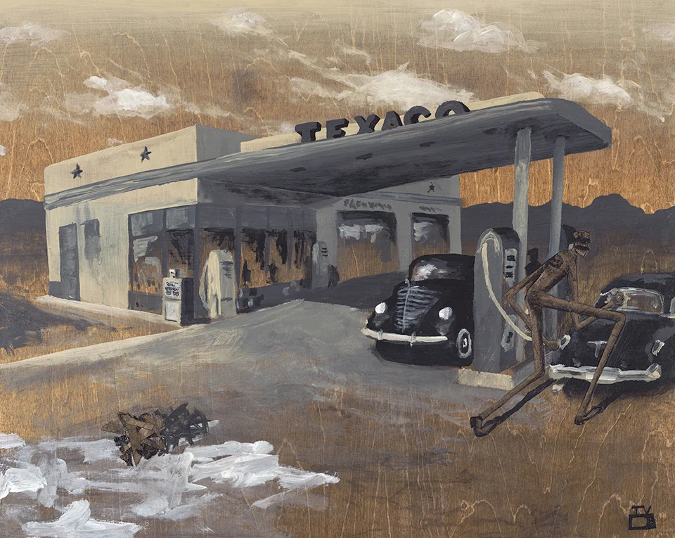 The Gas Jockey | 16x20 inches | acrylic, watercolor paper, kraft paper on stained birch panel In the early days of the automobile, full-service gas stations were commonplace and gas jockeys were the jovial workers that served as their lifeblood. From pumping the gas, checking the oil, and cleaning the windows, gas station attendants would take care of all of the motorists’ needs with a skip in their step. A series of oil embargos in the 1970’s made prices soar and pinched the majority of full-service stations out of business, even though they remain legally required in New Jersey and Oregon.