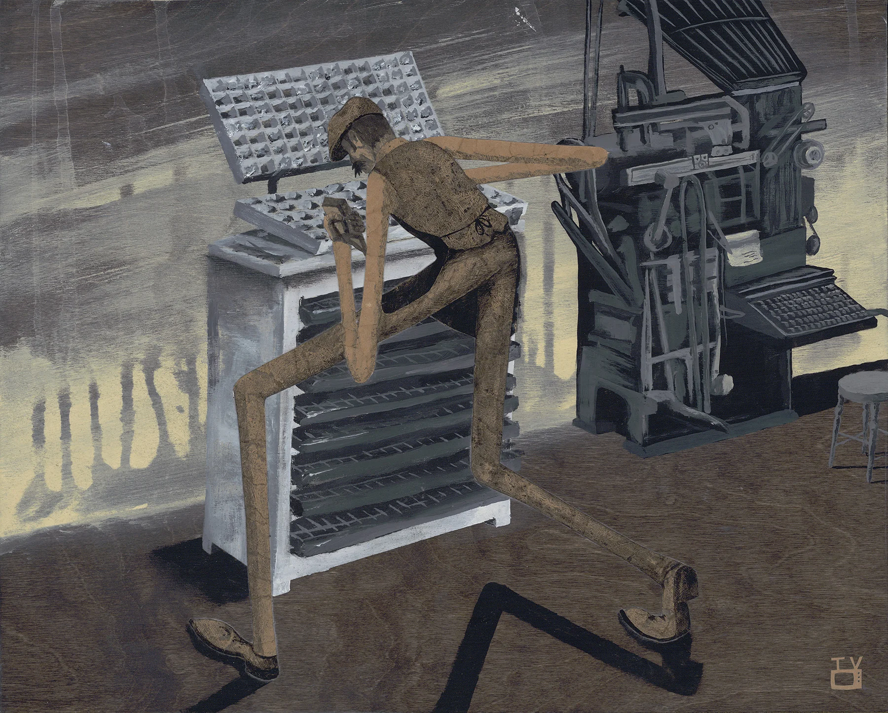 The Typesetter | 16x20 inches acrylic, watercolor paper, kraft on stained birch panel With his trusty composing stick in his left hand, The Typesetter would carefully set each individual letter of whatever he was tasked with printing for the day. This was a laborious way to print multiple copies of text, but the best way at the time. In 1884, Ottmar Mergenthaler invented the linotype machine, which could easily and quickly set whole lines of type using a 90-character keyboard. His invention revolutionized the art of printing.