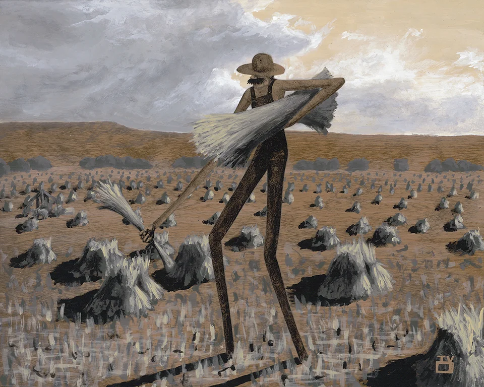The Shocker | 16x20 inches acrylic, watercolor paper, kraft paper on stained birch panel Beneath a big prairie sky, The Shocker would gather the harvested stalks of grain into bundles and stack them so that they could dry in the hot autumn sun. Harvesting has been an ever-evolving process throughout history and The Shocker gives a glimpse into one aspect of that task. Shocking was replaced, in part, by the invention of the horse-powered hay press.