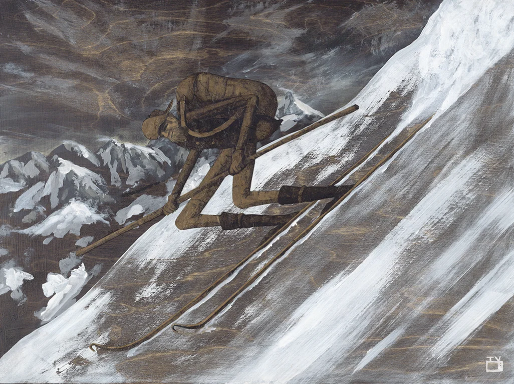 The Snowshoe Mailman | 18x24 inches acrylic, watercolor paper, kraft paper on stained birch wood Snowshoe Thompson was an infamous mailman who ferried mail and goods across the Sierra Nevada Mountains on his trusty ten foot long oak skis (they called them snowshoes back then). This crazy Norwegian would top speeds of 60mph and the ninety mile journey only took him 3 days. He was the fastest human on the planet at that time and a true Samaritan, who never received much compensation for his harrowing journeys.