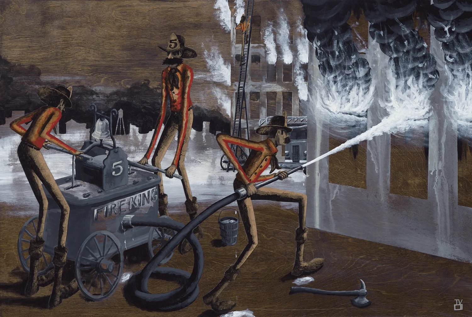 The Firemen | 36x24 inches | acrylic, watercolor paper, kraft paper on stained birch panel