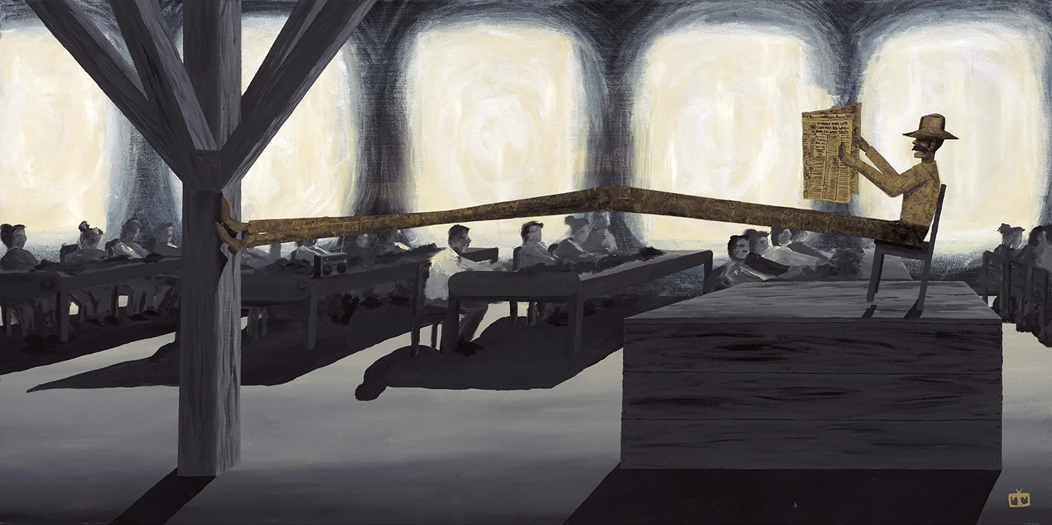 The third Job of Yesteryear I created, The Lector. 48x24 inches | acrylic, watercolor paper, kraft paper on canvas