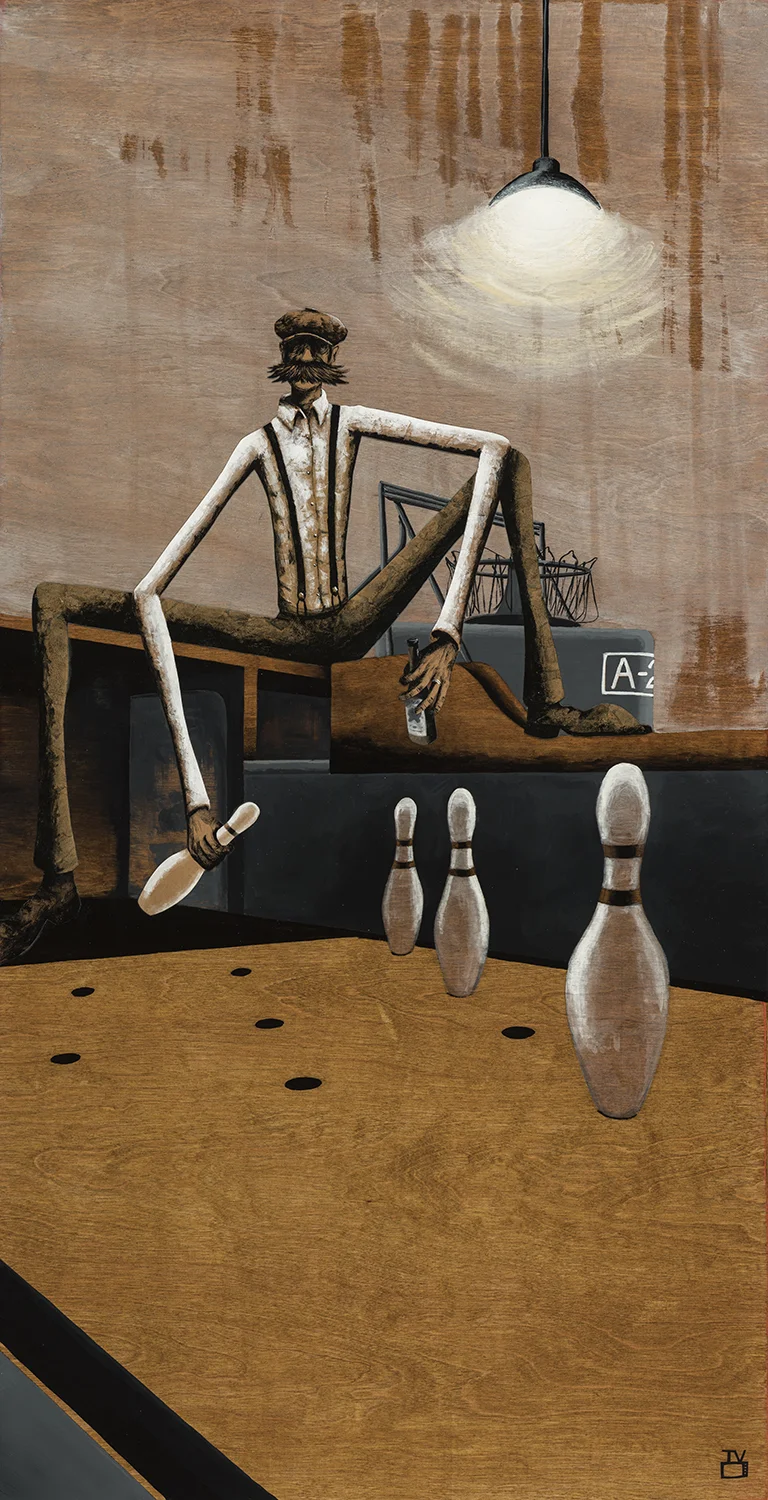 The Pinsetter IV | 24x48 inches acrylic, watercolor paper, kraft paper, graphite on stained birch panel S HOP