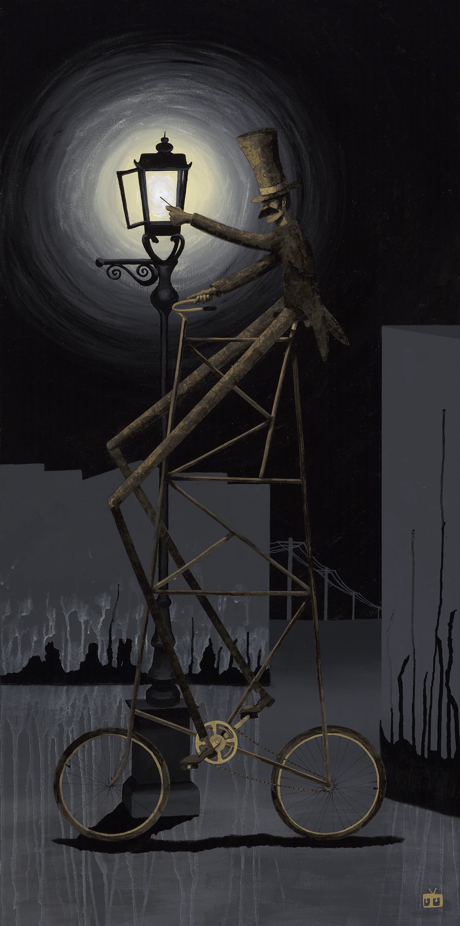 The Lamplighter 24x48 inches acrylic, kraft paper, watercolor paper on canvas