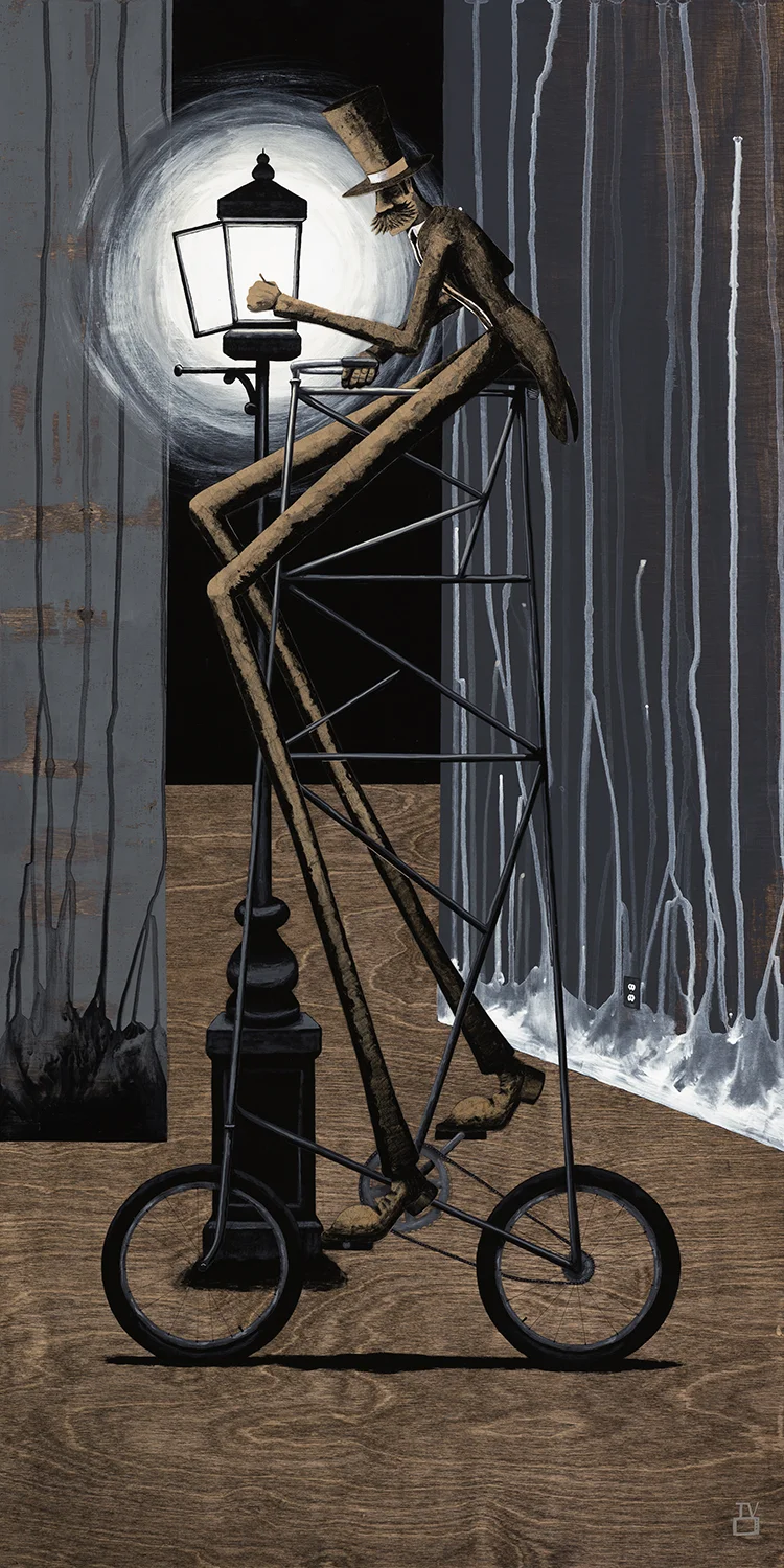 The Lamplighter VI 24x48 inches acrylic, kraft paper, watercolor paper on stained birch