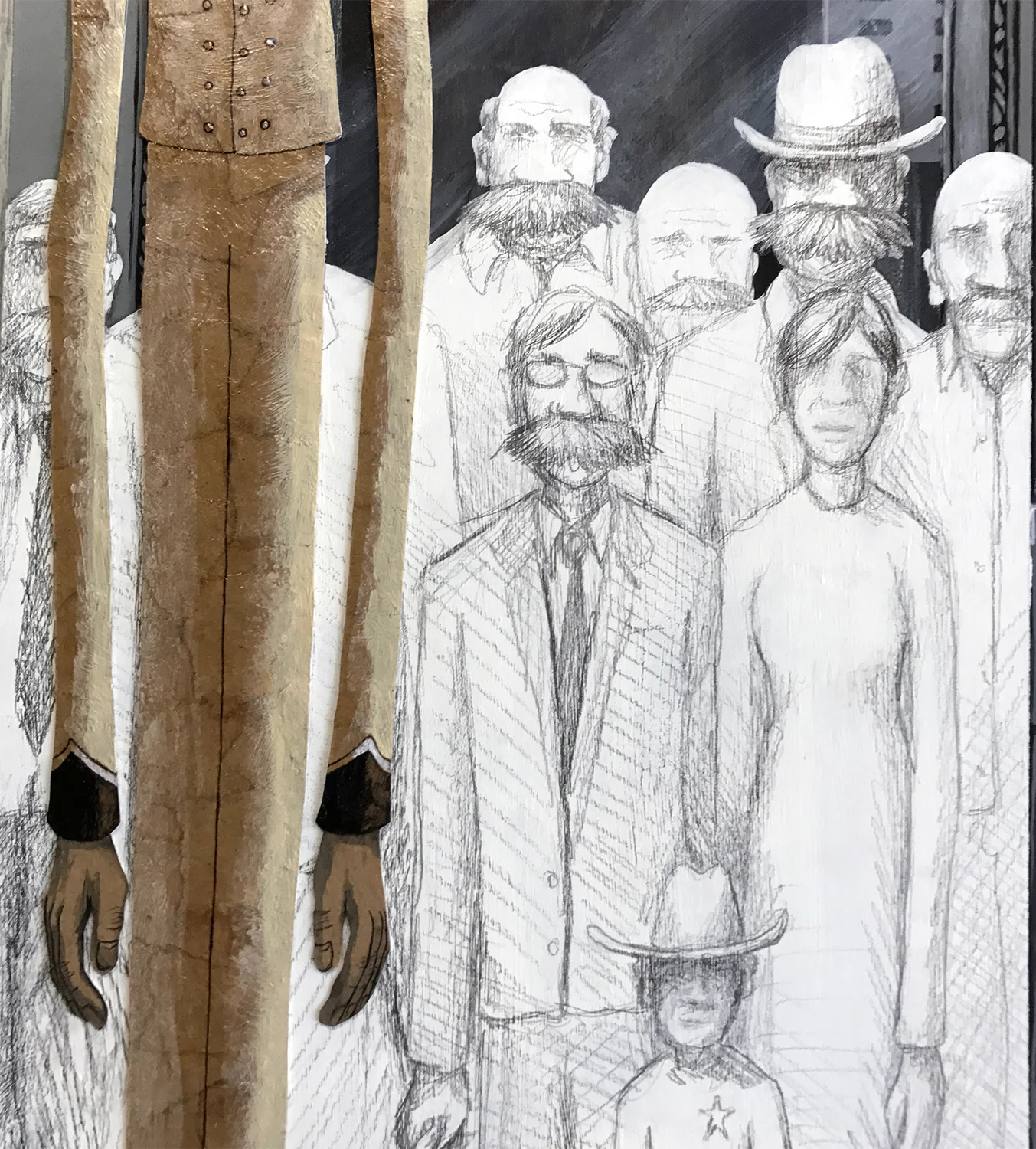 Sketched people in the background of The Elevator Operator.