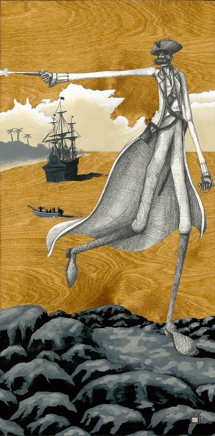 The Pirate | 18x36 | acrylic, graphite, watercolor paper on stained birch panel