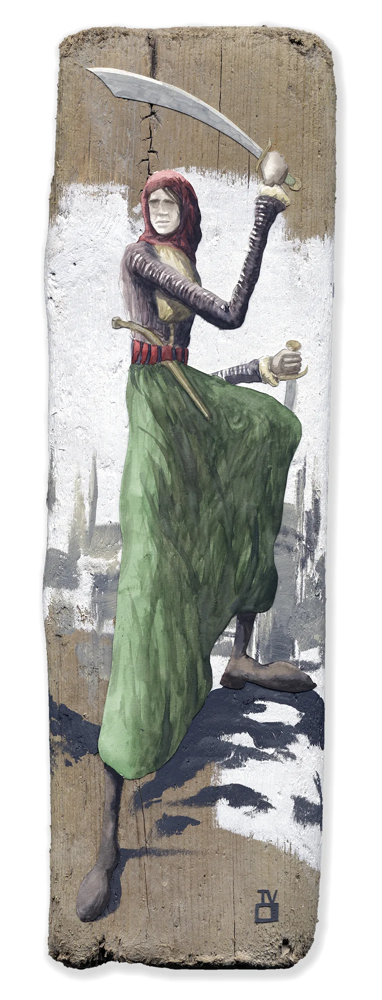 The Pirate Queen | 7x24 inches | acrylic, watercolor, watercolor paper on found plank | SOLD