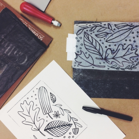We started with a drawing, transferred it to carbon paper, then go our linoleum.