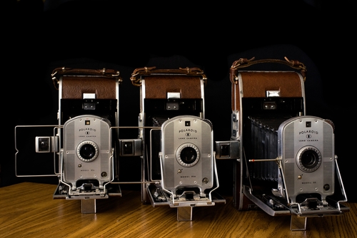 Each of the three Model 95 Land Cameras. (Left to right: 95B, 95A, 95). Each showing slight differences, most notably the view finder.&nbsp;Photo: Trey Takahashi