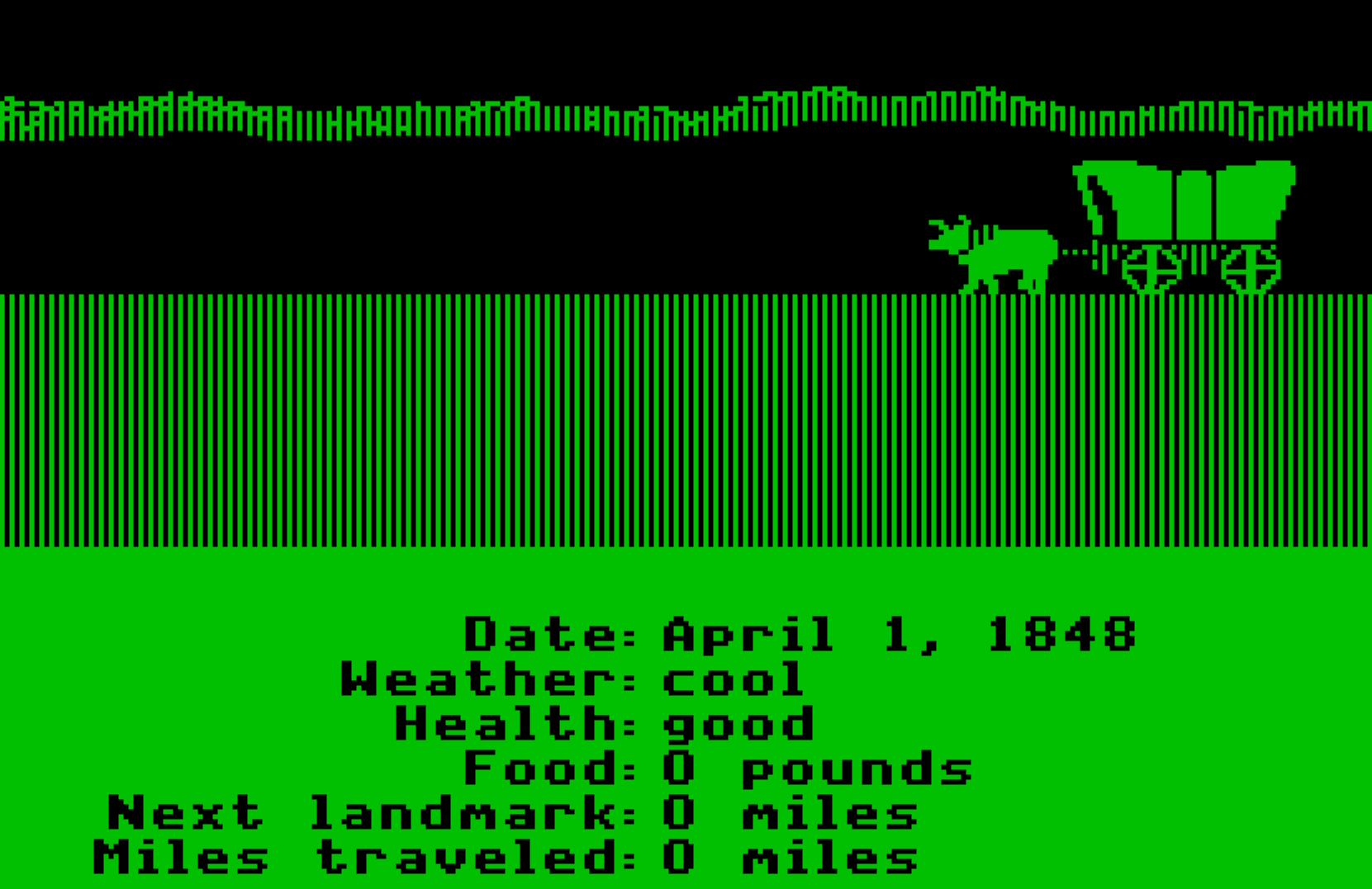Monochrome (green) screen shot from the original Oregon Trail for the Apple II c computer.
