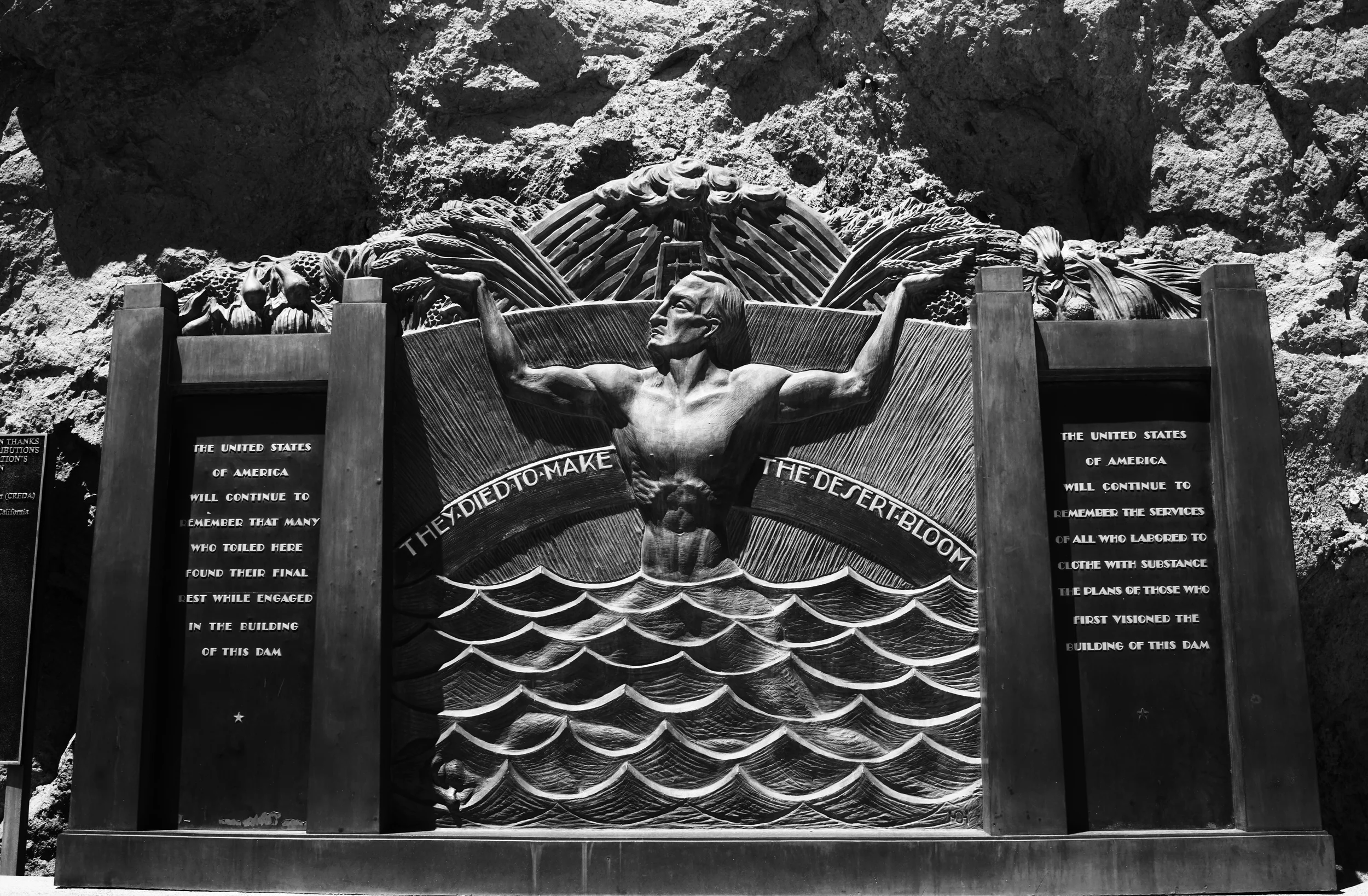 "They died to make the desert bloom" a power inscription reads on the memorial for those who died building the Hoover Dam. Photo: Trey Takahashi