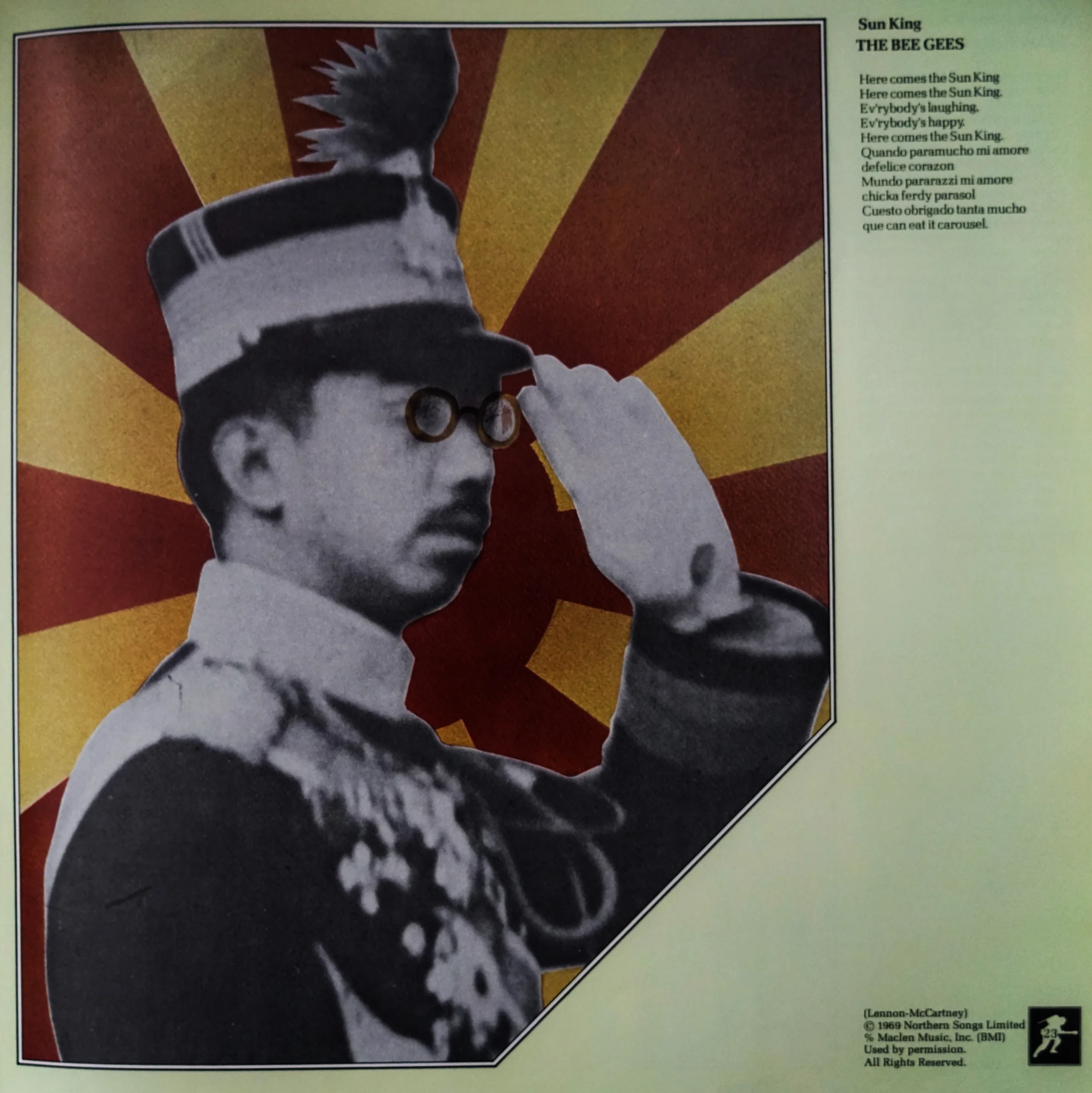 An artist's parody of Tojo on the track page for the Bee Gee's cover of "Sun King"