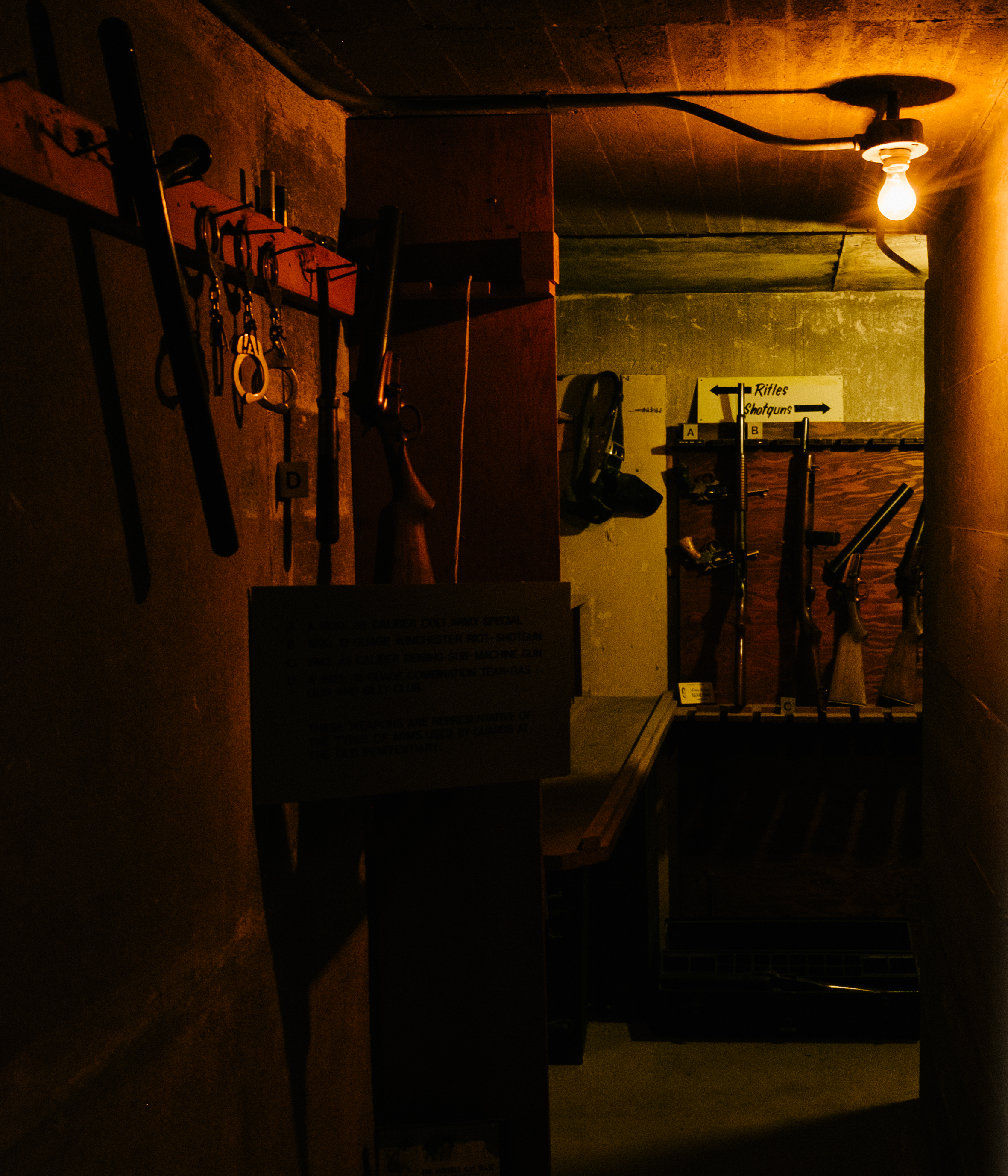 The weapons cache for the guards has many replicas on display.