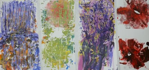I saved the ends of the color wheel papers and decided to monoprint the leftover paints. This has given me opportunity to explore more about color. Lots of fun also.