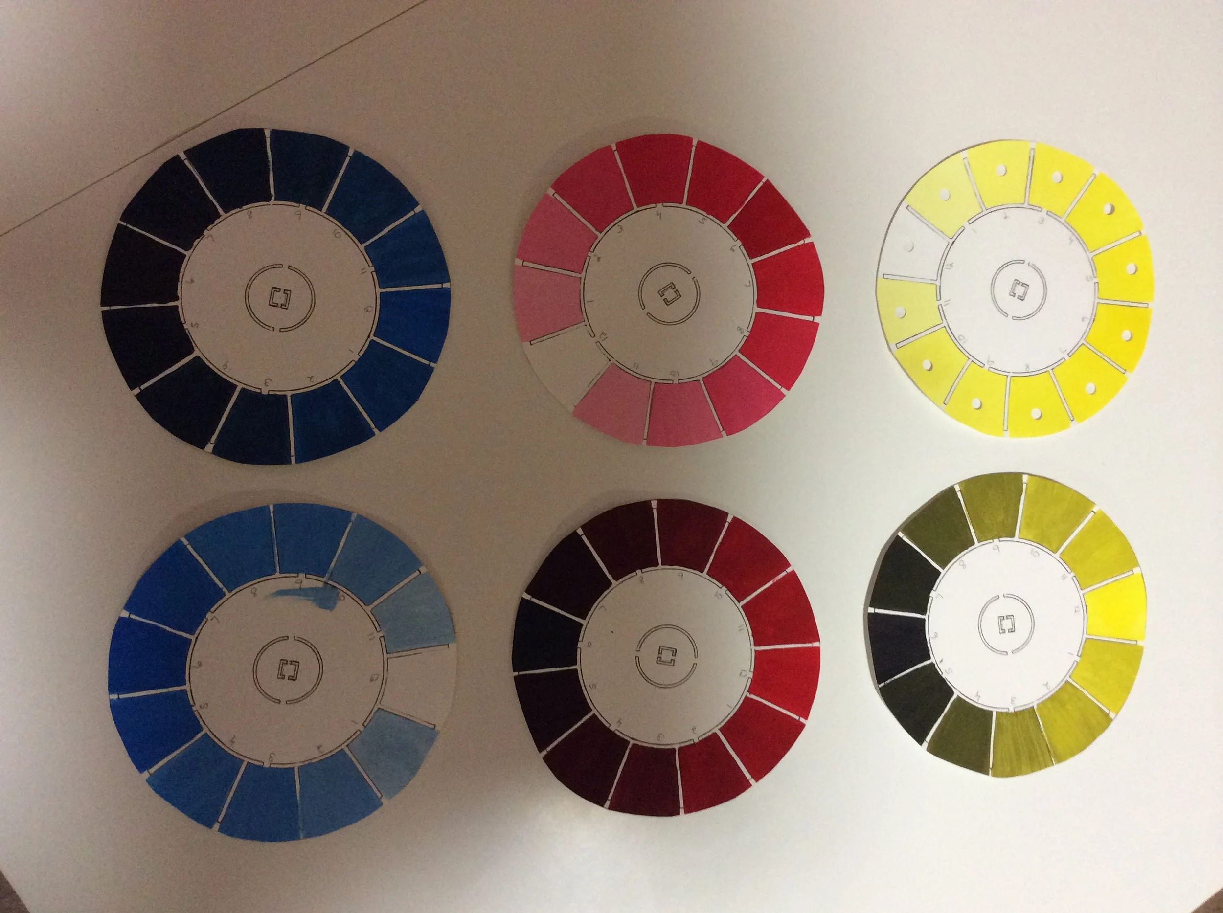 I did the primary colors on the wheels in this picture. My favorite was working into the black because I really liked the more dramatic color changes and typically do not lean toward lighter colors, but the red into white had an intensity I really liked.