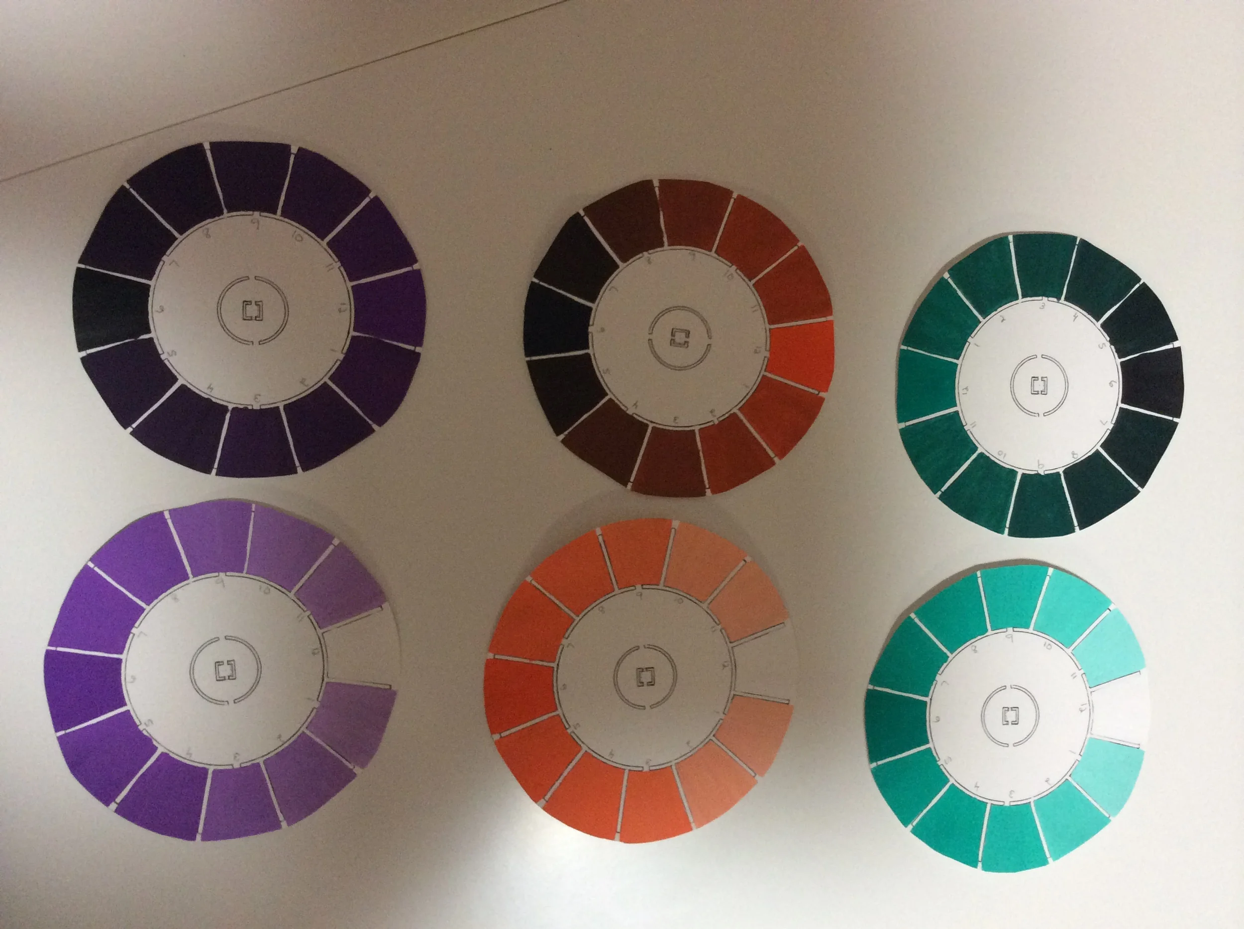 These are the color wheels using the secondary colors. Some colors are so close. I found it challenging to mix the darker shades and still have a difference in hue.