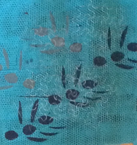Monochromatic color study on first background. The greens are not evident once this piece dried. The color shows slightly in person. I think the value of the background was too dark. The light under coat in the squiggle should probably have been an opaque paint.
