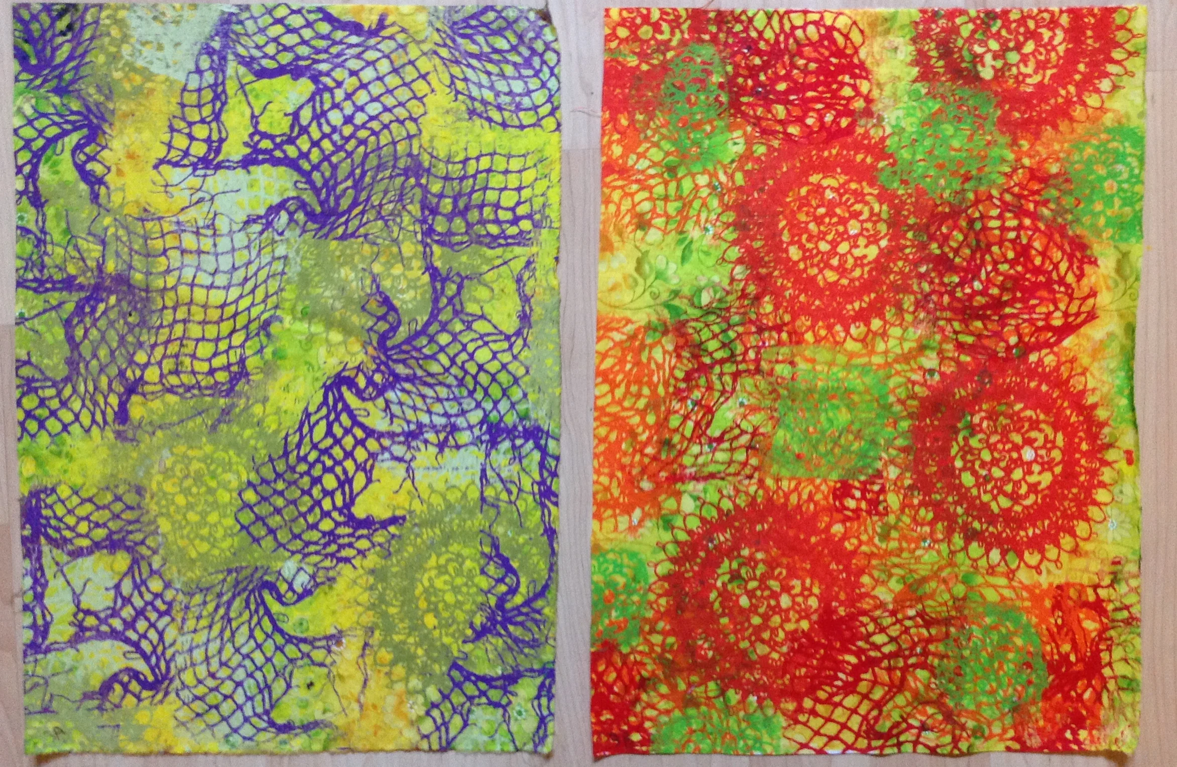 Set Three: For fabric 3a, I used the yellow part of the background as the background color. I added the complimentary color of purple opaque paint for the accents. For fabric 3b, I used the analogous colors of red, red-orange, and orange in transparent colors and used yellow green as the accent using the yellow green part of the fabric as the background color.