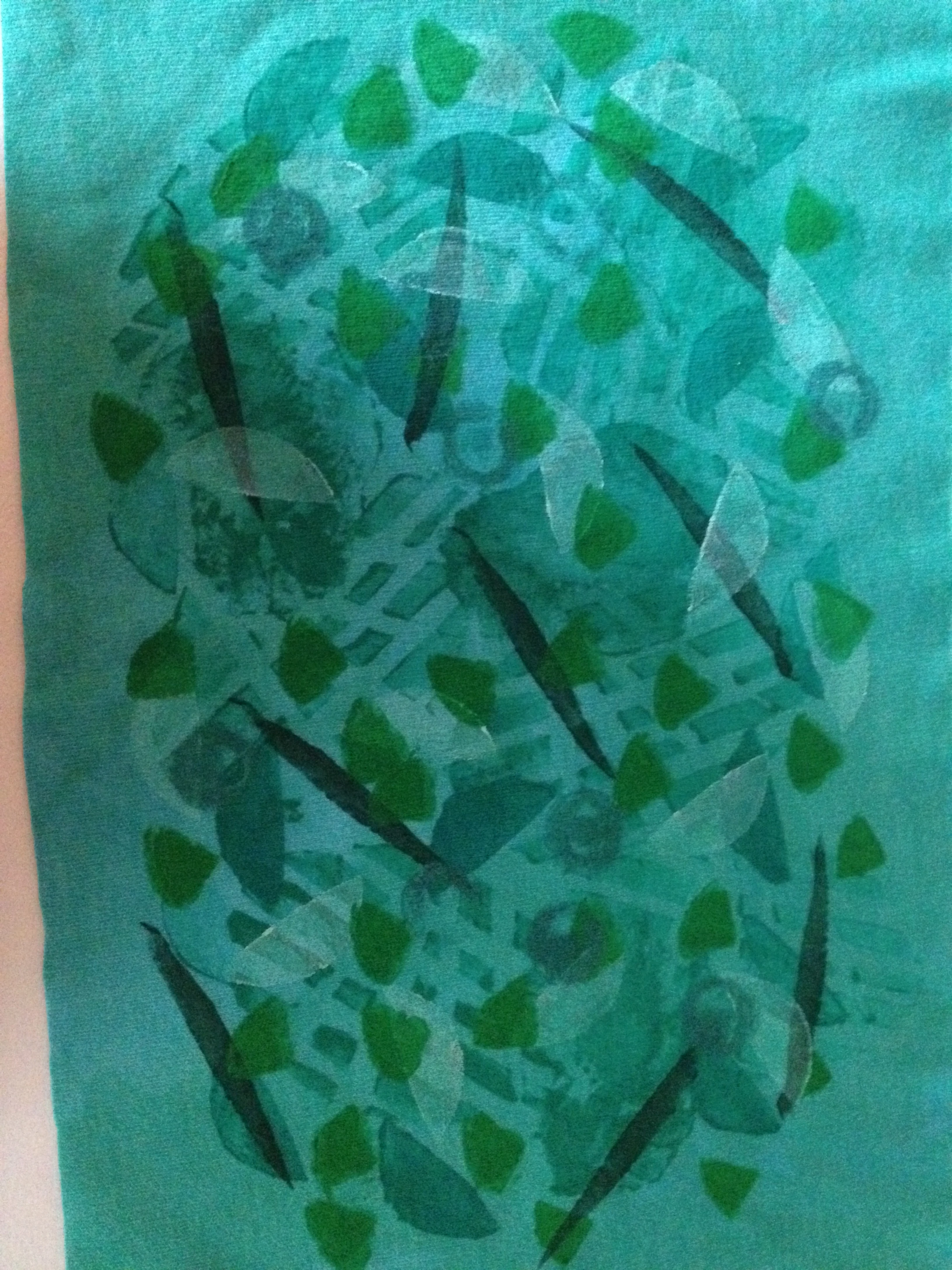Monochromatic Although the olive green in this picture looked a little blue green on paper it looks true green on the cloth and much warmer in the picture. These were printed on a 50 poly 50 cotton blend I had hand dyed for my first attempt. 