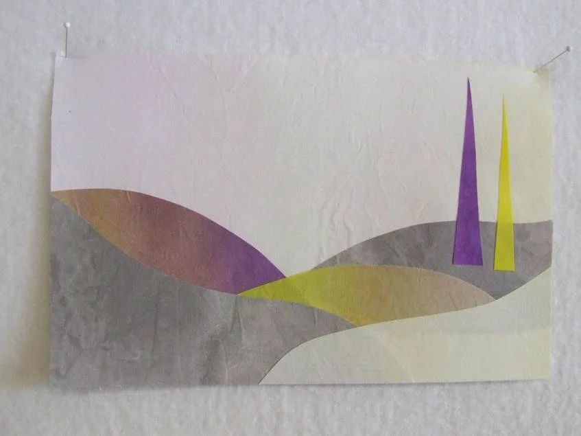 Collage using yellow and purple complementary colors on fabric. I found that the fabric color was not as intense as the watercolor paper but it was a joy to work with! I followed the same process as above and then fused the pieces together. 
