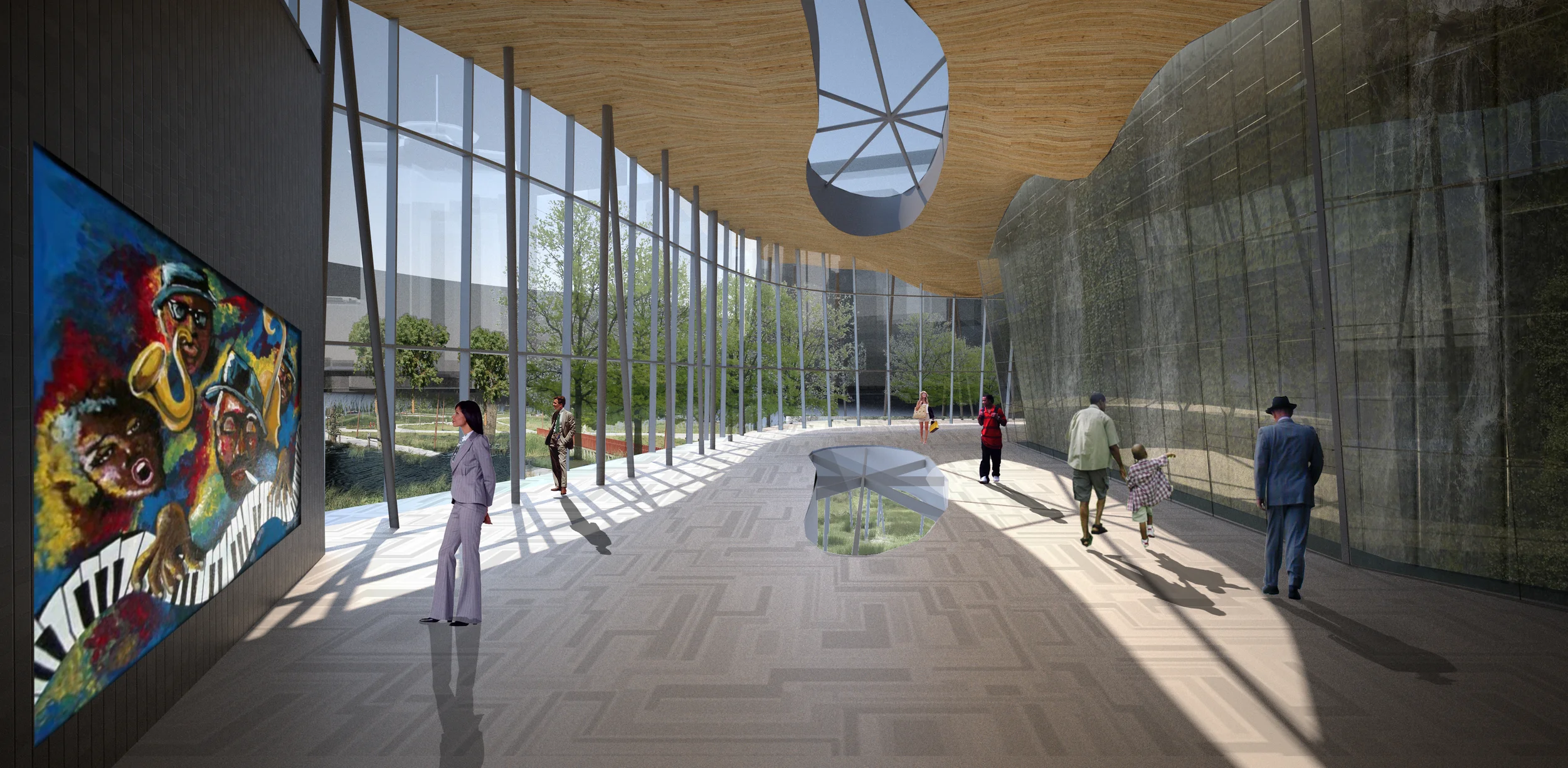  Curvilinear circulation connects the 1,200 seat auditorium with the other program 