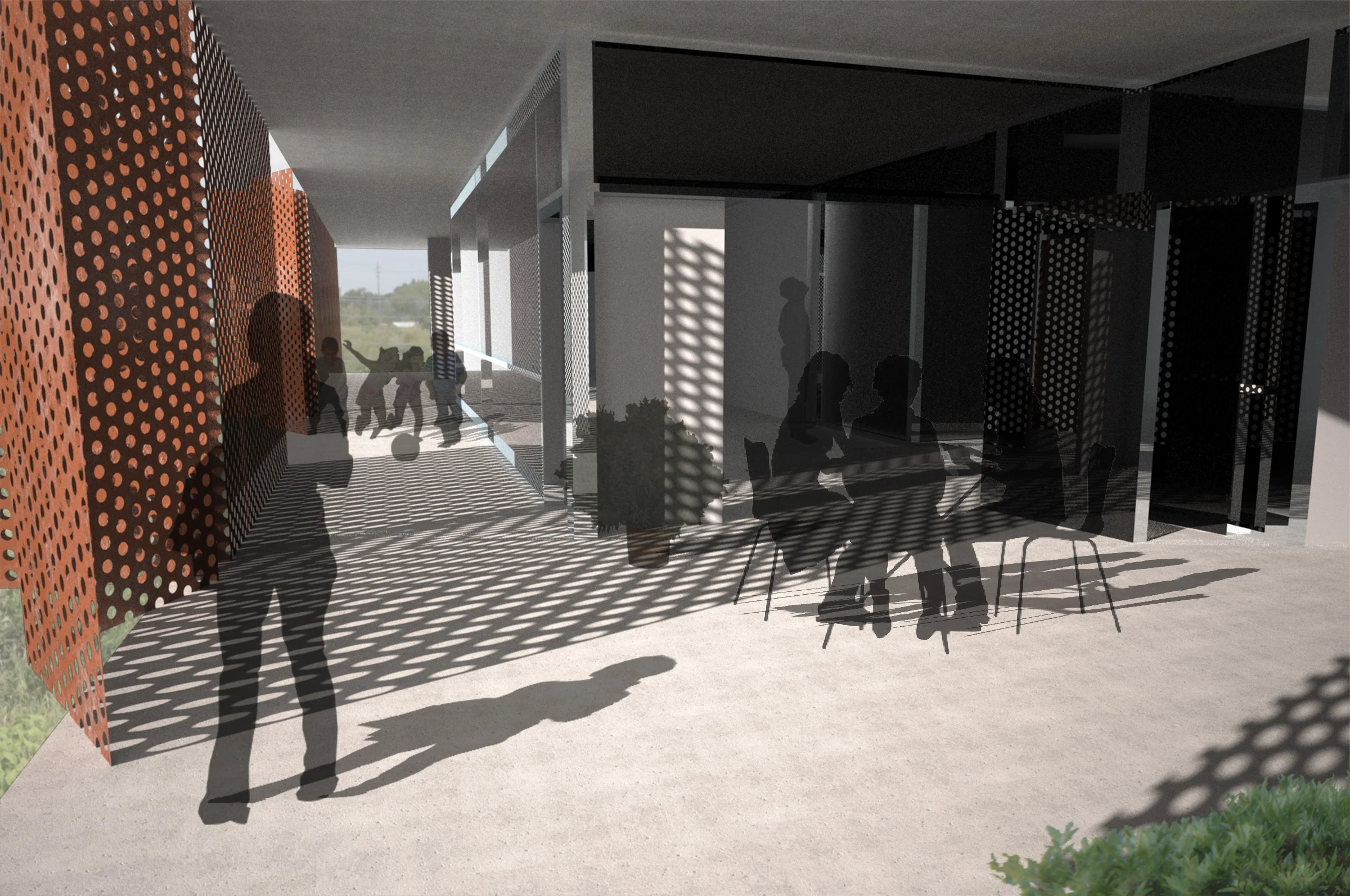 The west facade or active side of the building utilizes operable, perforated panels that filter light, sound, and wind. 