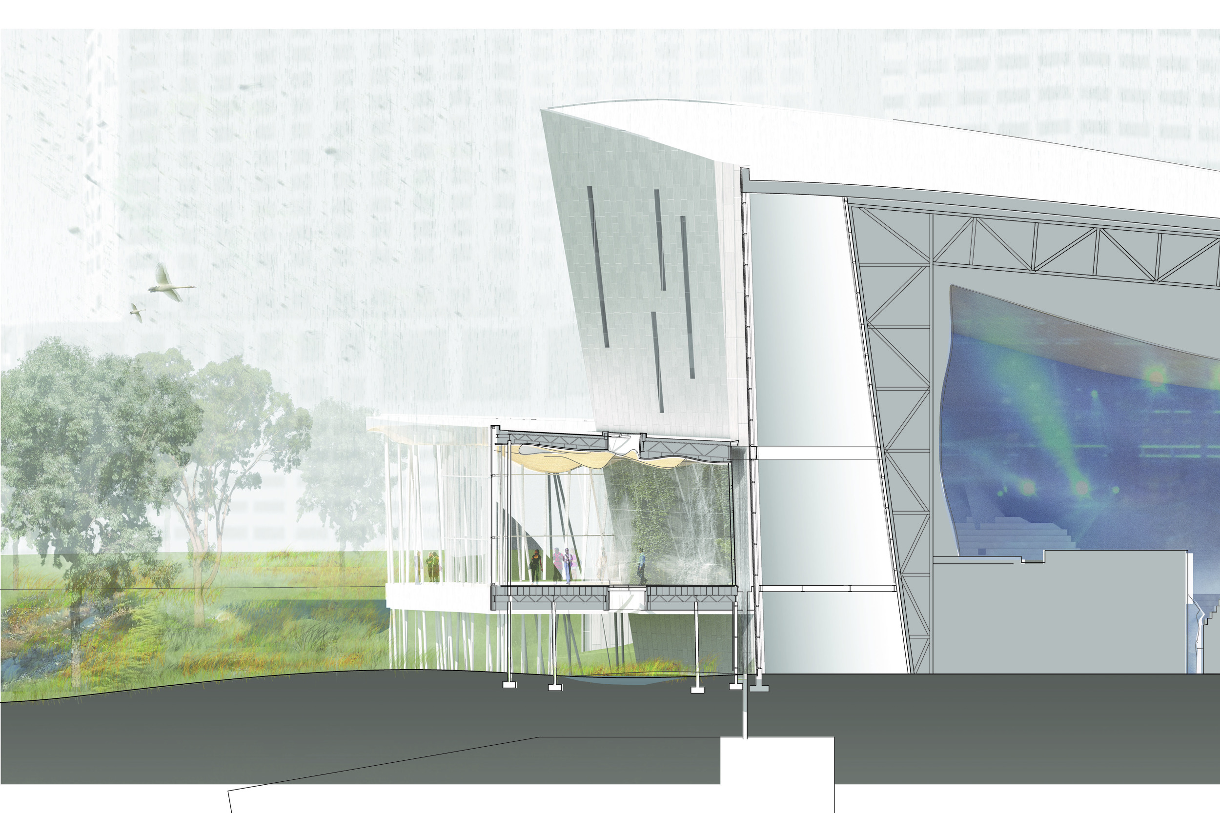  Section with Kawneer curtain wall system allows views but also protects against storms 