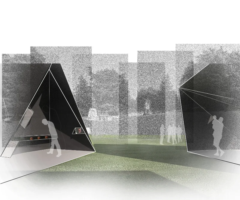  MENDING MUNARI | Folded and voided pavilions create space for occupation and light penetration to view Munari's designed objects such as mobiles and lamps. 