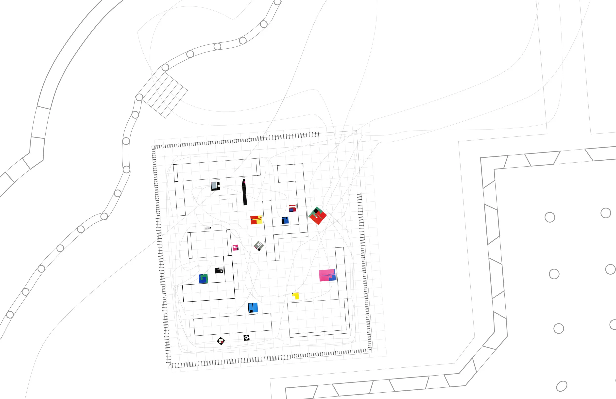  The pavilion plan is modularized to create solids on which to exhibit the paintings and voids to light the paintings. 