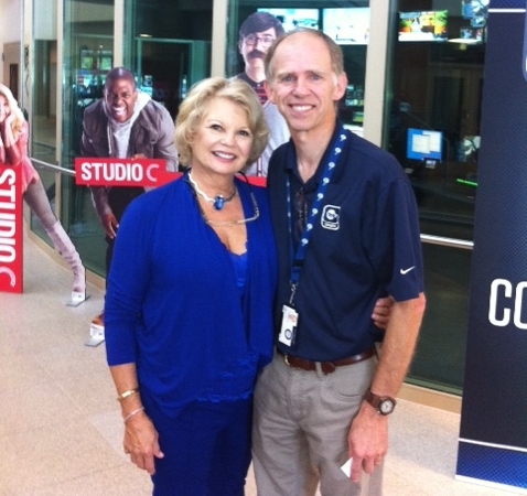 BYU, Brigham Young University finds Kathy at the BYU TV studio. Shown here with Ralph Tobias head of marketing: